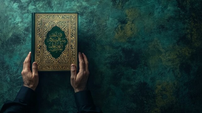 Hands holding the quran against a textured green background with intricate gold details
