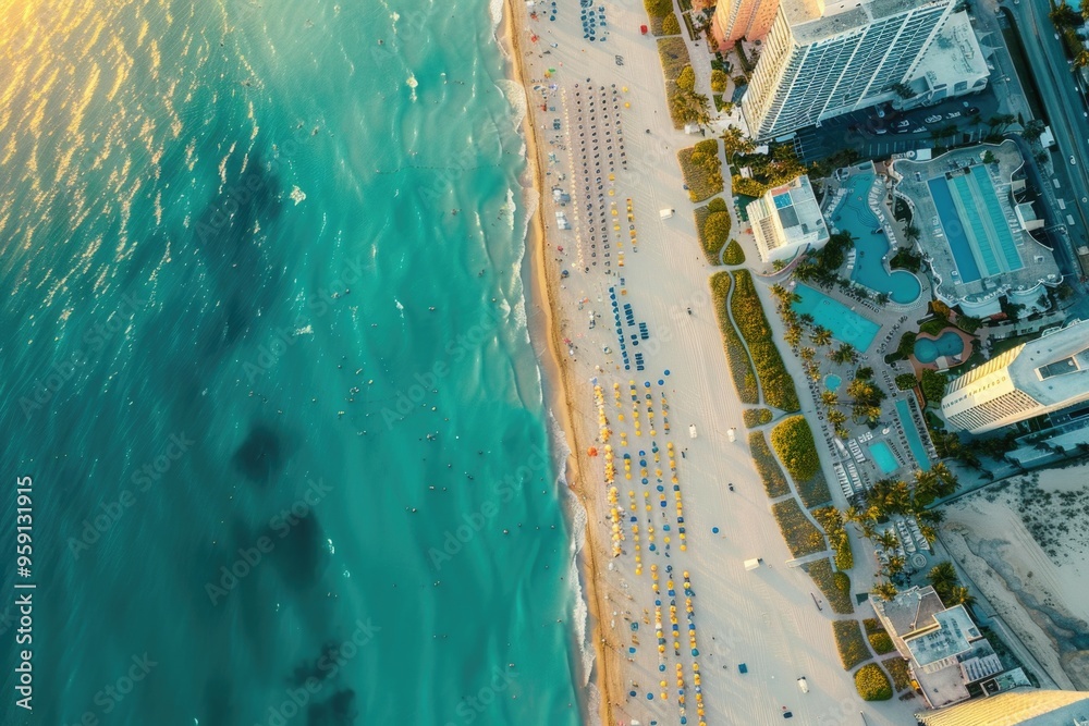 Poster Aerial view of a crowded beach with many colorful umbrellas, great for summer or vacation scenes