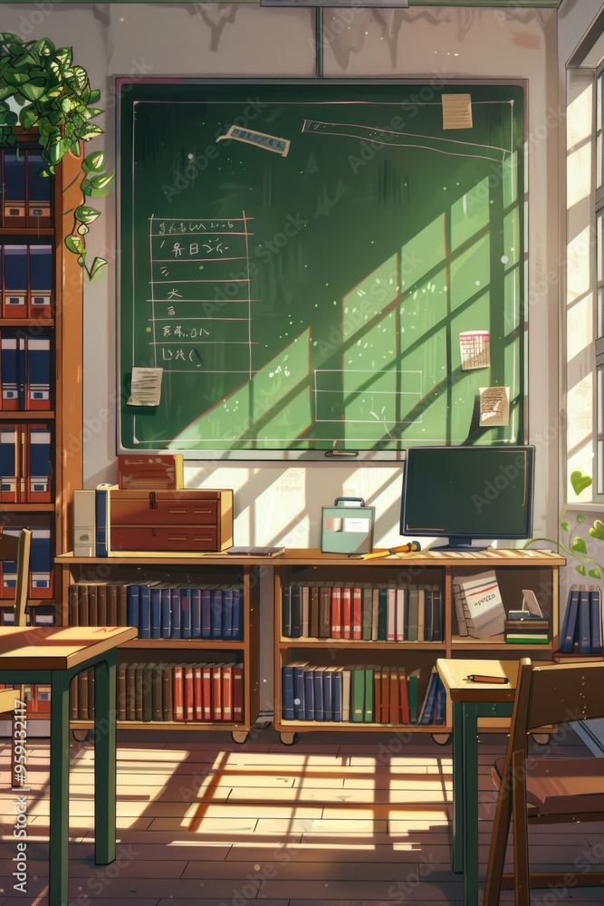Poster classroom scene with chalkboard and student desks