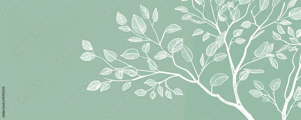 Canvas Prints a simple white line drawing on a mint green background of a tree with lush leaves. the soft color em