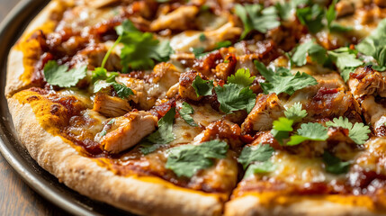 A detail shot of a BBQ chicken pizza served on a plate, with the crust slightly charred, the toppings perfectly cooked, and a sprinkle of fresh cilantro for a burst of freshness ,