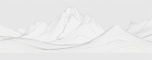 A simple white line drawing of a mountain with peaks and valleys outlined in clean, minimalist lines. The drawing captures the majesty and serenity of the mountains.