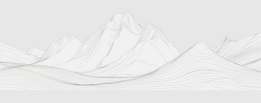 A simple white line drawing of a mountain with peaks and valleys outlined in clean, minimalist lines. The drawing captures the majesty and serenity of the mountains.