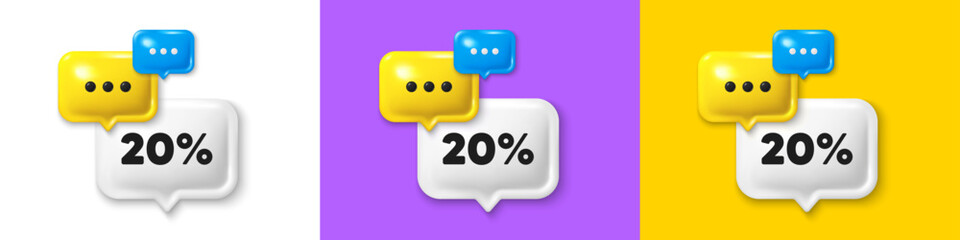 Chat speech bubble 3d icons. 20 percent off sale tag. Discount offer price sign. Special offer symbol. Discount chat text box. Speech bubble banner. Offer box balloon. Vector
