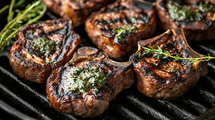 A close-up shot of perfectly grilled lamb chops, with the rosemary garlic butter melting over the top, highlighting the char marks and juicy texture , close-up shot