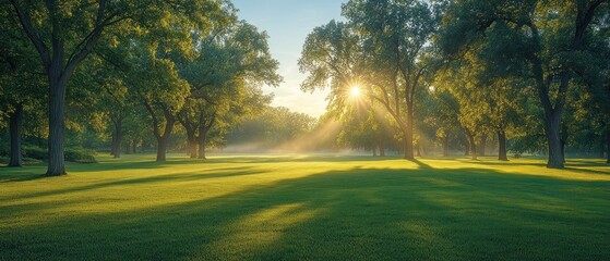 Sunbeams Filtering Through Trees onto a Grassy Field