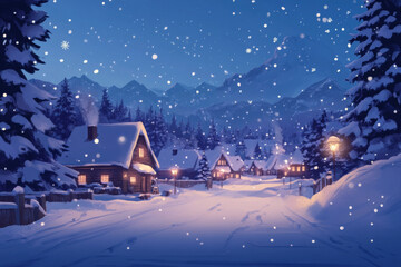 Naklejka premium A serene cartoon backdrop of a snowy village with cozy cottages, twinkling lights, and snow-covered trees. The sky is a deep blue, and snowflakes gently fall from above.