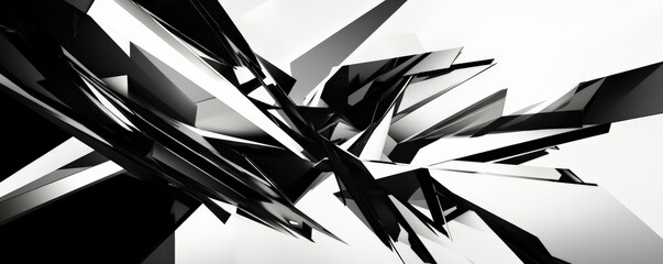A bold abstract design with a high-contrast black-and-white color scheme. The design features sharp, angular forms and a sense of dynamic movement, creating a striking visual effect.