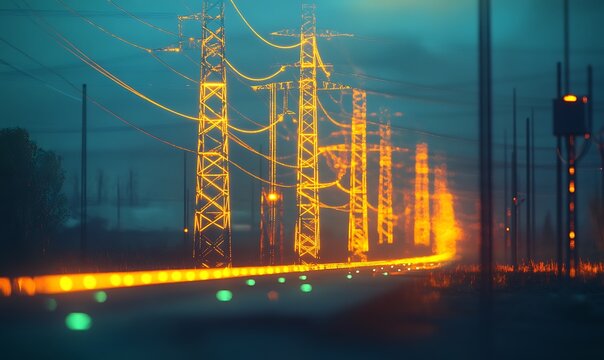Electric Towers Illuminated at Night by a Distant Light Source