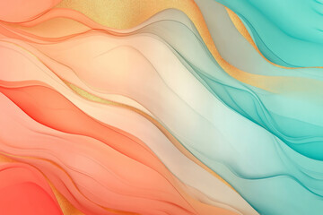 A bright abstract background with smooth gradients in shades of turquoise, coral, and gold. The colors blend seamlessly, creating a soothing yet vibrant effect.