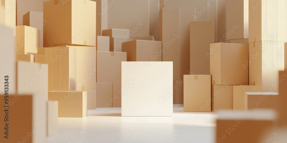 Canvas Prints a clean and modern setting with a white box in the center, surrounded by neatly stacked cardboard bo