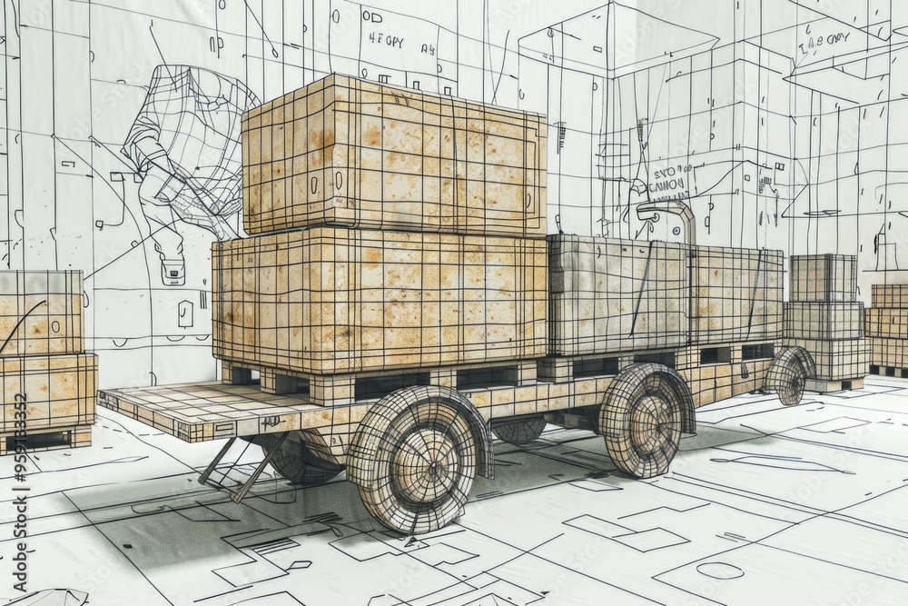 Poster a truck carrying various crates and boxes