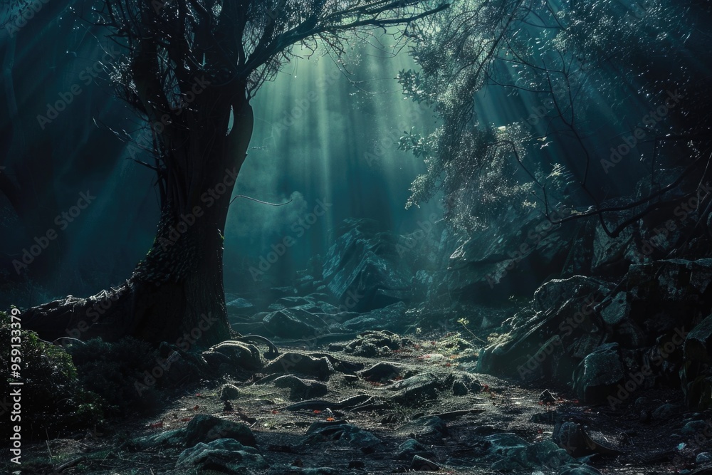 Poster A winding path in a dense forest, lit by sunlight filtering through the trees