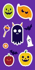 A set of fun and spooky Halloween stickers featuring jack-o-lanterns, ghosts, bats, and a candy cane. Perfect for adding a festive touch to your projects.