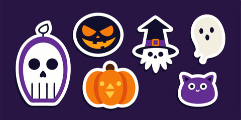 Fototapeta premium A set of cute and colorful Halloween stickers featuring a spooky skull, a mischievous pumpkin, a friendly ghost, a spooky witch, and a playful cat. Perfect for adding a festive touch to your crafts.