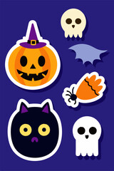  A set of cute and spooky Halloween stickers featuring a pumpkin, a black cat, ghosts, a bat, and a spider. These stickers are perfect for adding a touch of festive fun to your crafts, gifts.