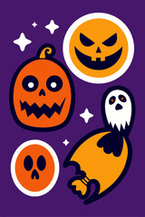  A fun and festive Halloween illustration featuring jack-o'-lanterns, a ghost, and a bat, perfect for adding a touch of spooky whimsy to your designs.
