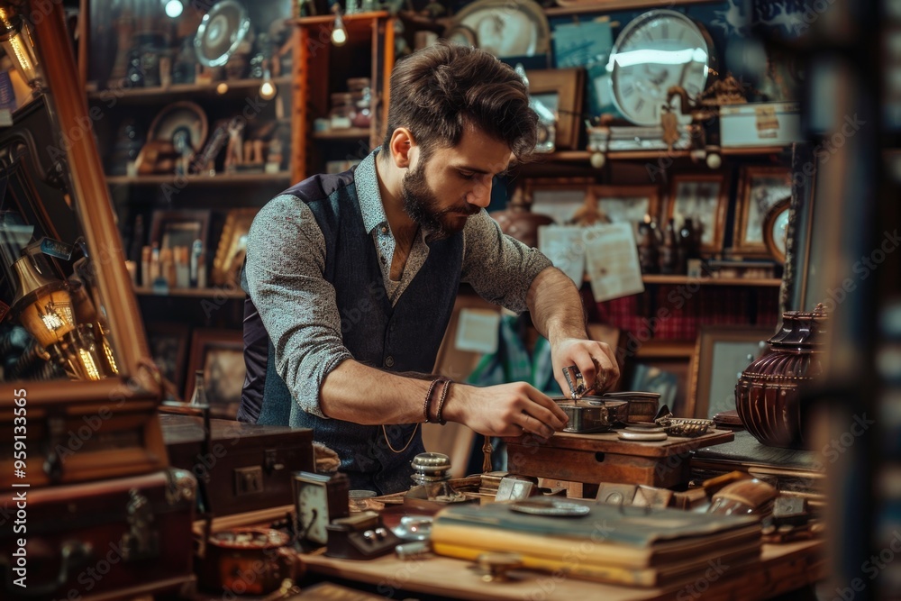 Poster a person works on a wooden object in a well-lit workshop