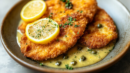 A tight view of pork schnitzel served on a plate with the lemon and caper sauce pooled around the edges, highlighting the crunchy breading and the vibrant, zesty sauce , close-up s