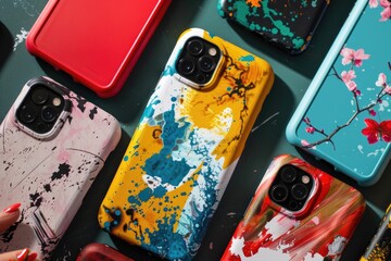 A collection of brightly colored phone cases arranged neatly on a tabletop