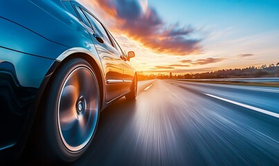 Blue Car Driving on a Highway at Sunset