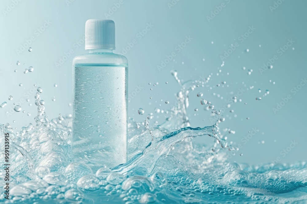 Poster a bottle of water with a splash of water on the surface, often used in illustrations for health and 