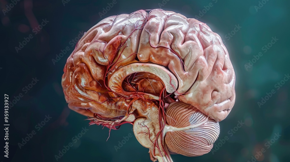 Poster Close up image of a human brain, showing its internal structure