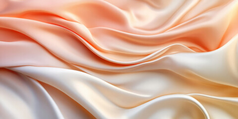 Fototapeta premium A chic abstract background featuring 3D wave gradients of silk fabric in soft shades of peach and cream. The fabricâ€™s gentle folds add a touch of elegance and warmth.