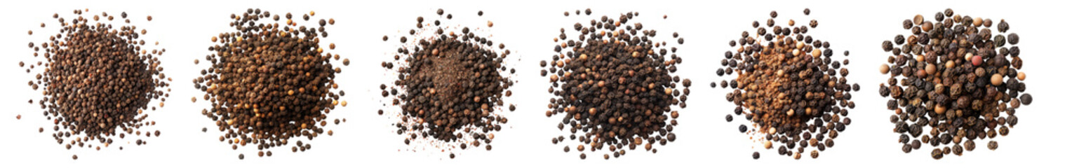 Peppercorns powder isolated on transparent background, set of