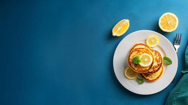 Shrove Tuesday, Tasty Lemon ricotta pancakes isolated blue background, top down view. with copy spacenerated image