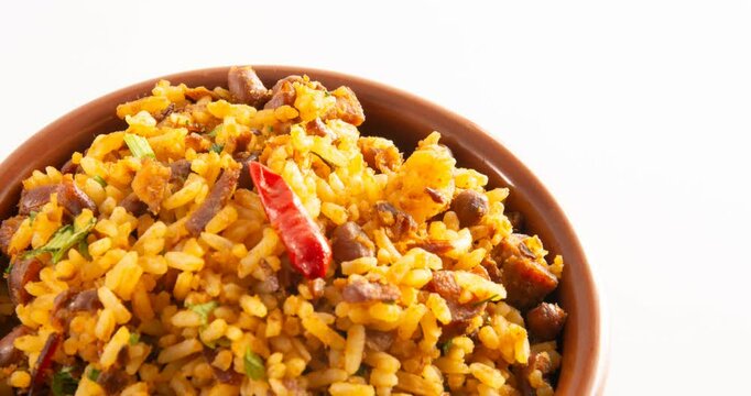 Baiao de dois a brazilian food with beans, rice, meat and rennet cheese, typical northeastern food
