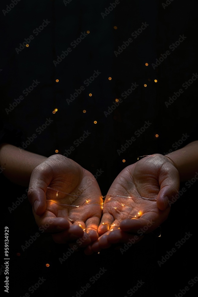 Poster A person holds out their hands against a warm glow of fireflies in the background