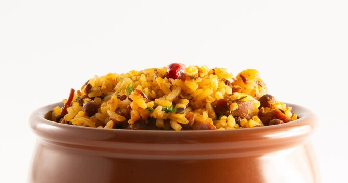 Baiao de dois a brazilian food with beans, rice, meat and rennet cheese, typical northeastern food
