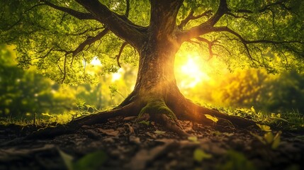 Fototapeta premium Majestic ancient oak tree with sprawling roots at sunset in lush green forest, sunbeams filtering through branches