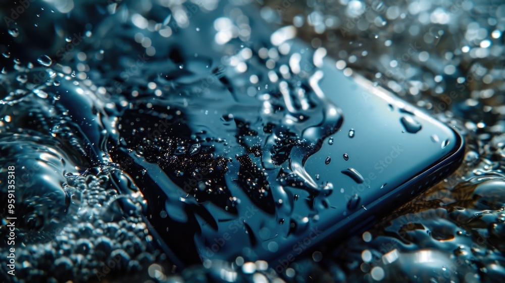 Poster a close-up view of a cell phone submerged in water