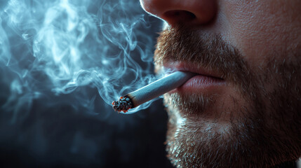 Fototapeta premium man with stubble smokes cigarette harm of cigarettes tobacco smoke close-up Generative AI