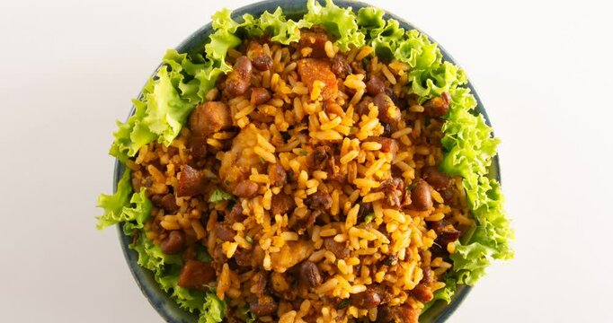 Baiao de dois a brazilian food with beans, rice, meat and rennet cheese, typical northeastern food
