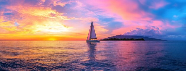 Sailboat on the ocean at sunset in Hawaii, panoramic view with a beautiful, colorful sky and island silhouette in the background