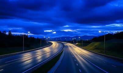 Obraz premium Empty Highway at Night with Mountains in the Background