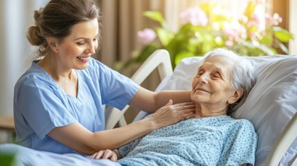 Nurse Holding Elderly Patient's Hand Gentle Warm Smiles Hospital Bed Comforting