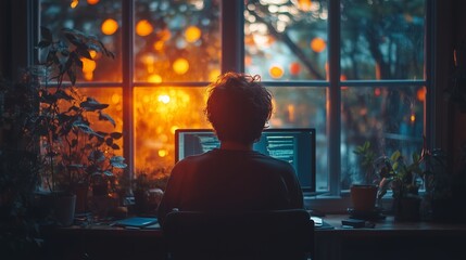 Obraz premium A person coding at a desk by a window during sunset, surrounded by plants and warm ambient light in a cozy room