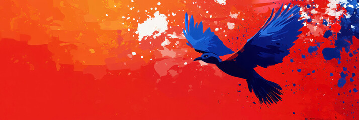 Haiti independence day celebration. Blue bird on a red background. Horizontal banner. Free space for text. Watercolor illustration in colors of National flag of Haiti