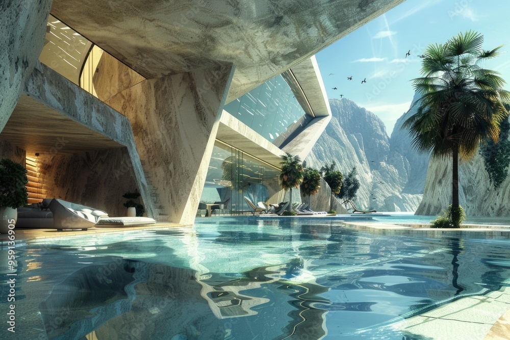 Poster a swimming pool surrounded by palm trees, with a mountain visible in the distant background