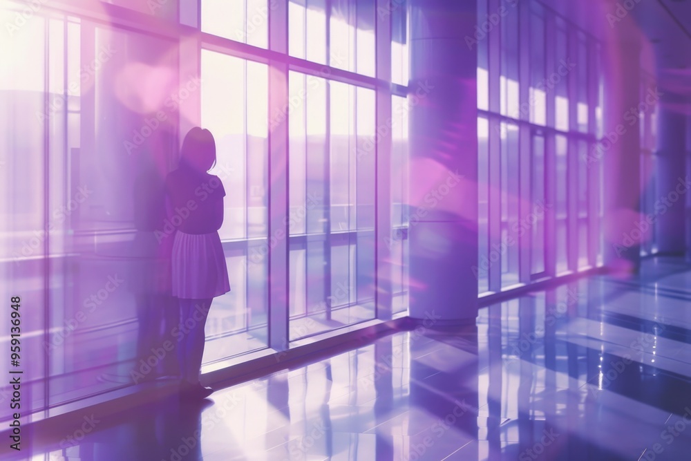 Poster a person standing in front of a large window, possibly looking out or thinking