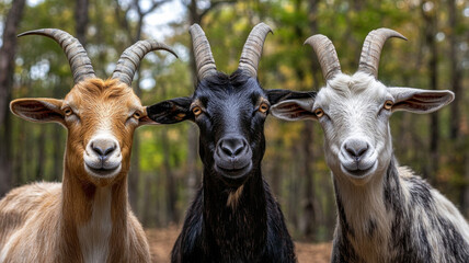 Three curious billy goats on a farm looking at the viewer.