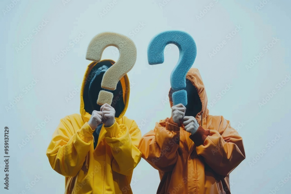 Poster two individuals in raincoats with puzzled expressions, suitable for illustrations related to uncerta