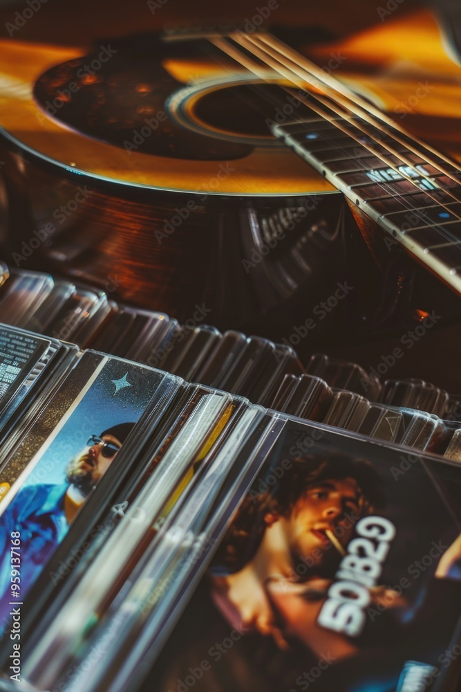 Poster guitar and music collection in a close-up shot, suitable for use in music-themed designs or as a bac