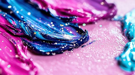   A close-up of multicolored paint with white sprinkles on a pink background