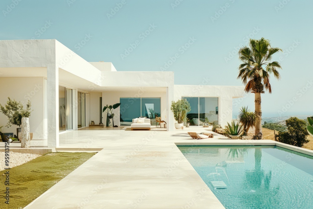 Poster a serene pool scene in front of a white house with a palm tree