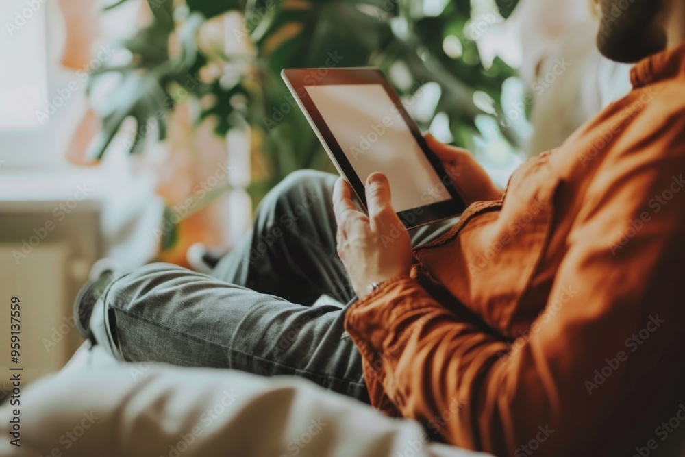 Poster A person sits on a couch with a tablet computer, possibly browsing or working